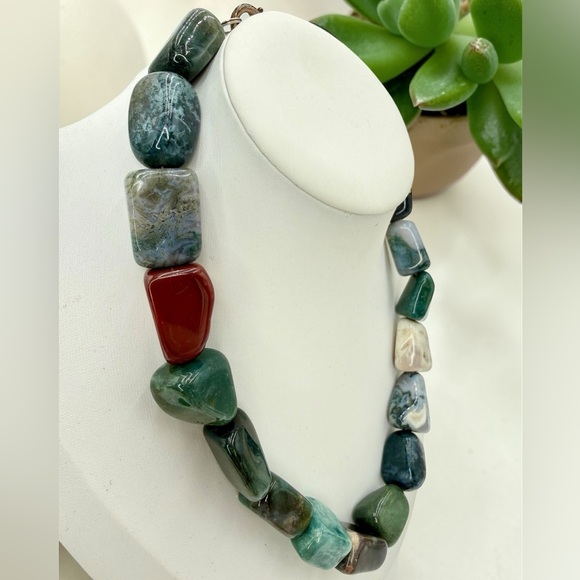 Massive Chunky Multi Agate Nugget Statement Necklace 16” 154g Natural Stone Boho - Picture 7 of 17